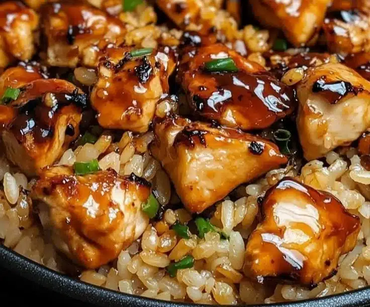 Honey BBQ Chicken served over rice with garnishes