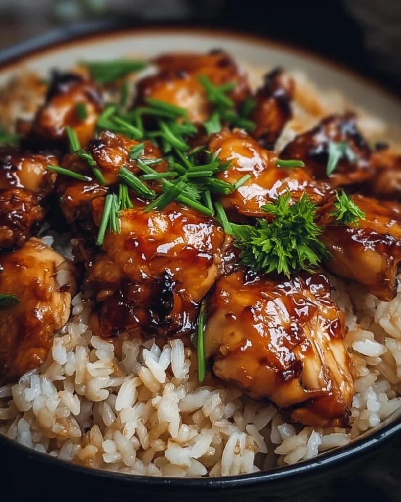 Delicious Honey BBQ Chicken Rice served on a plate with garnish