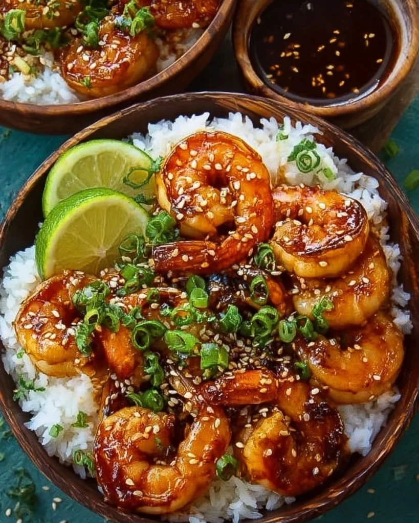 Honey Garlic Shrimp bowls with colorful vegetables and rice