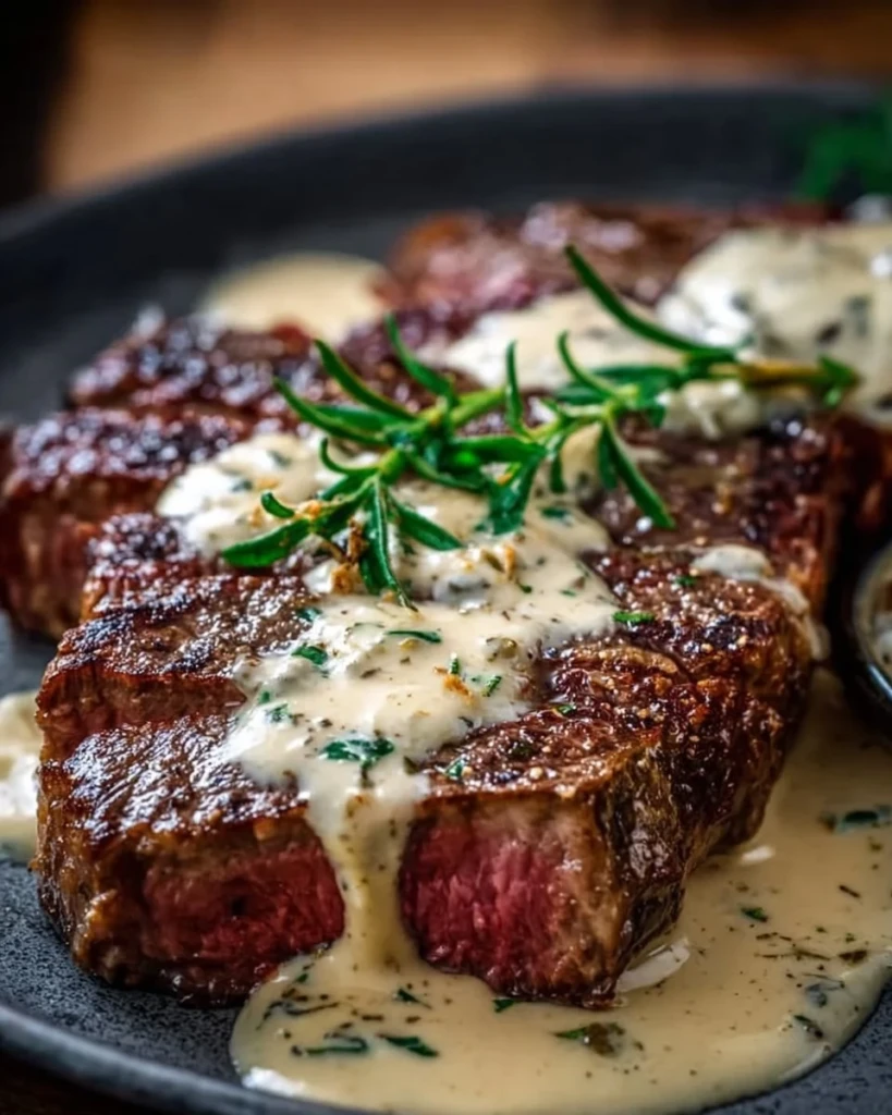 Juicy steak drizzled with creamy garlic sauce on a plate
