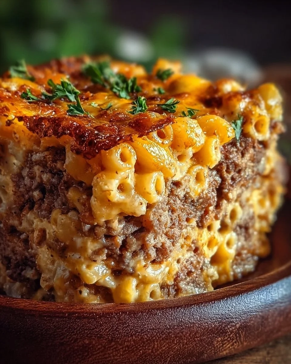 Delicious Mac and Cheese Meatloaf Casserole served in a baking dish
