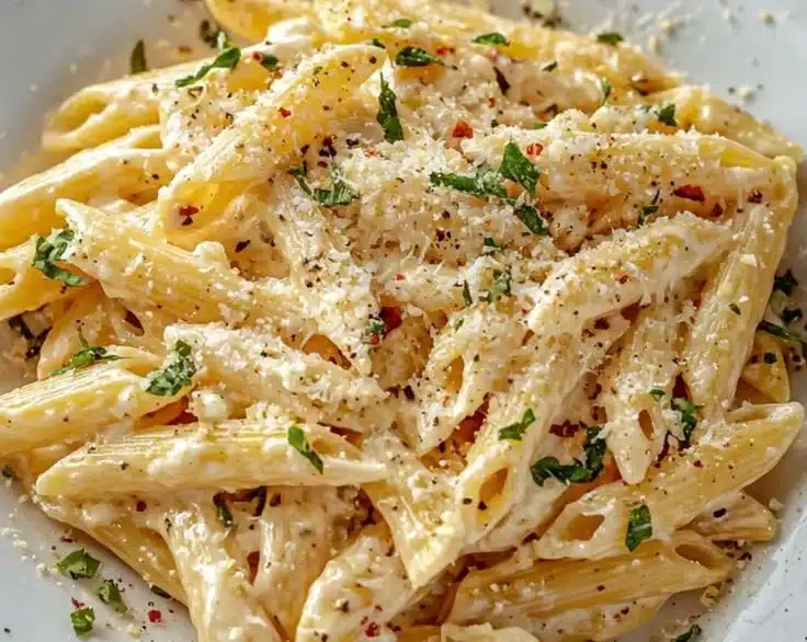 One pot creamy garlic pasta dish with herbs and cheese