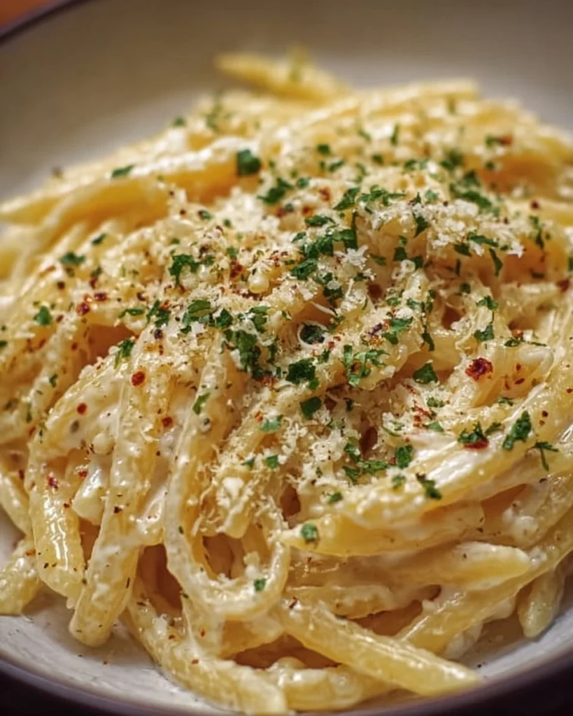 One Pot Creamy Garlic Pasta garnished with parsley and served in a white bowl