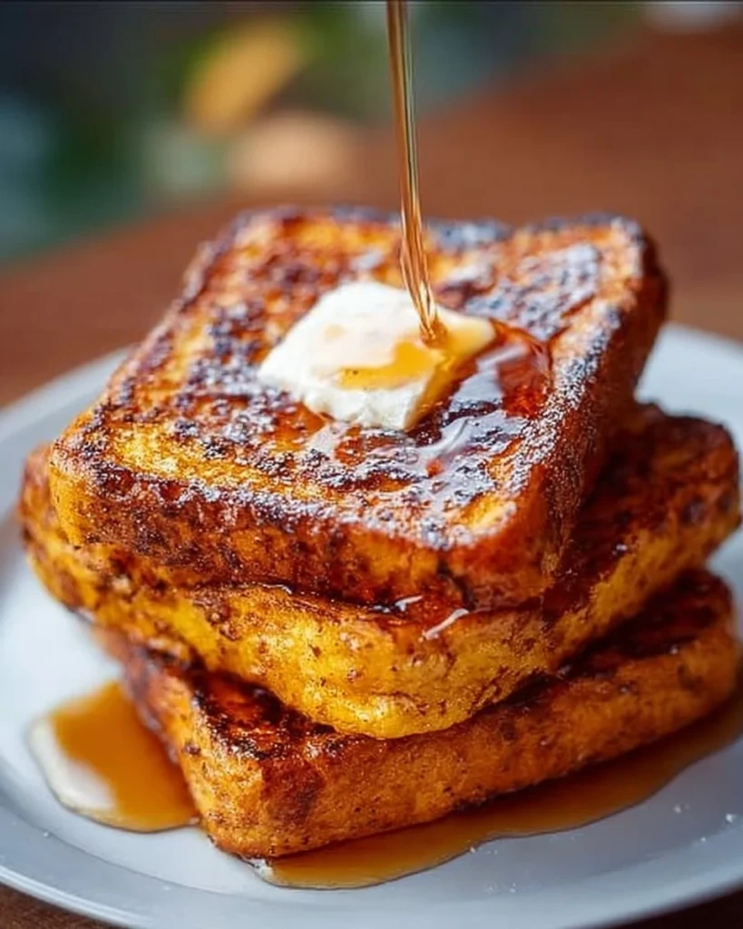 Delicious pumpkin French toast served with syrup and whipped cream