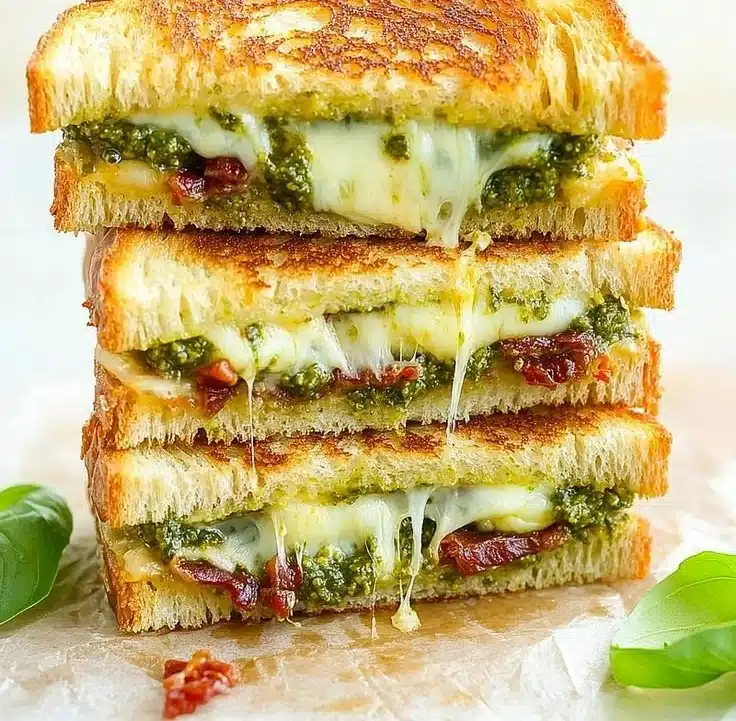 Delicious pesto grilled cheese sandwich with melted cheese and fresh basil pesto