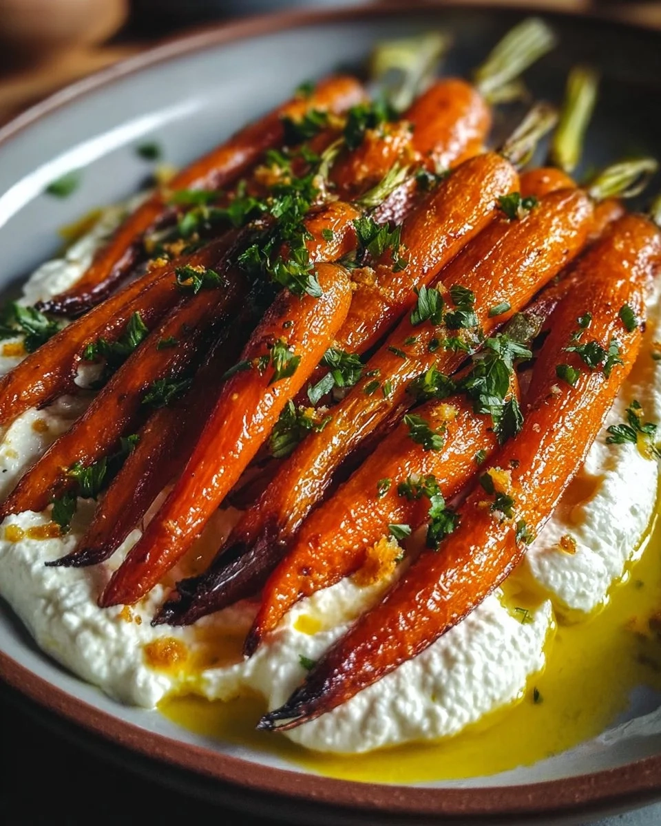 Plate of roasted carrots with whipped ricotta and hot honey drizzle