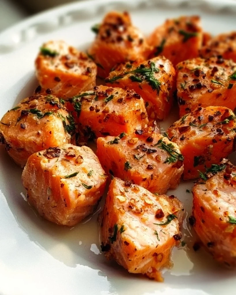 Delicious salmon bites served on a plate with herbs and lemon garnish.