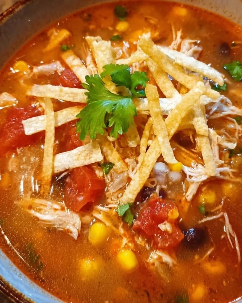 Bowl of Slow Cooker Fiesta Chicken Soup with colorful ingredients