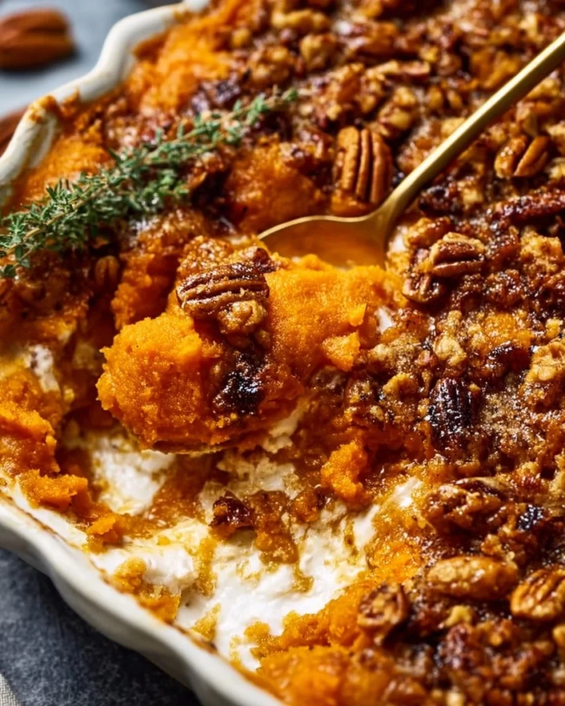 Delicious Southern Maple Sweet Potato Casserole topped with pecans and marshmallows.