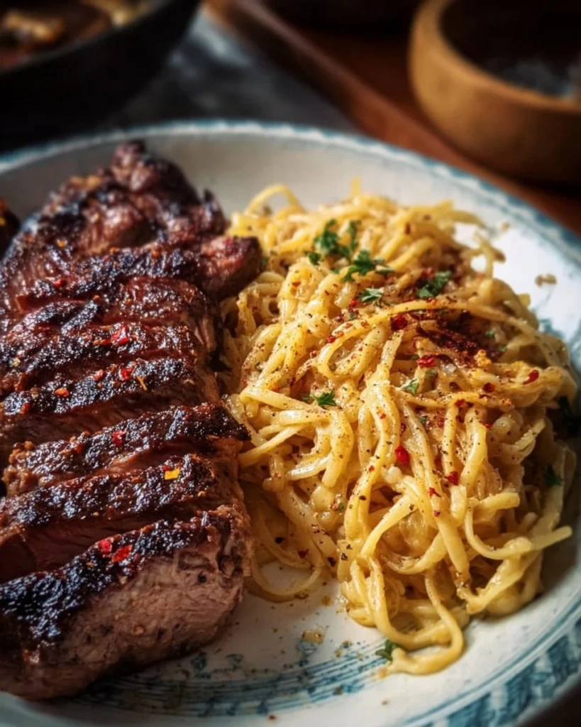 Delicious steak pasta dish garnished with herbs and served in a plate