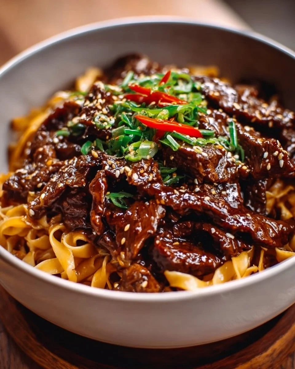 Delicious sticky beef noodles served with a rich sauce and tender beef.