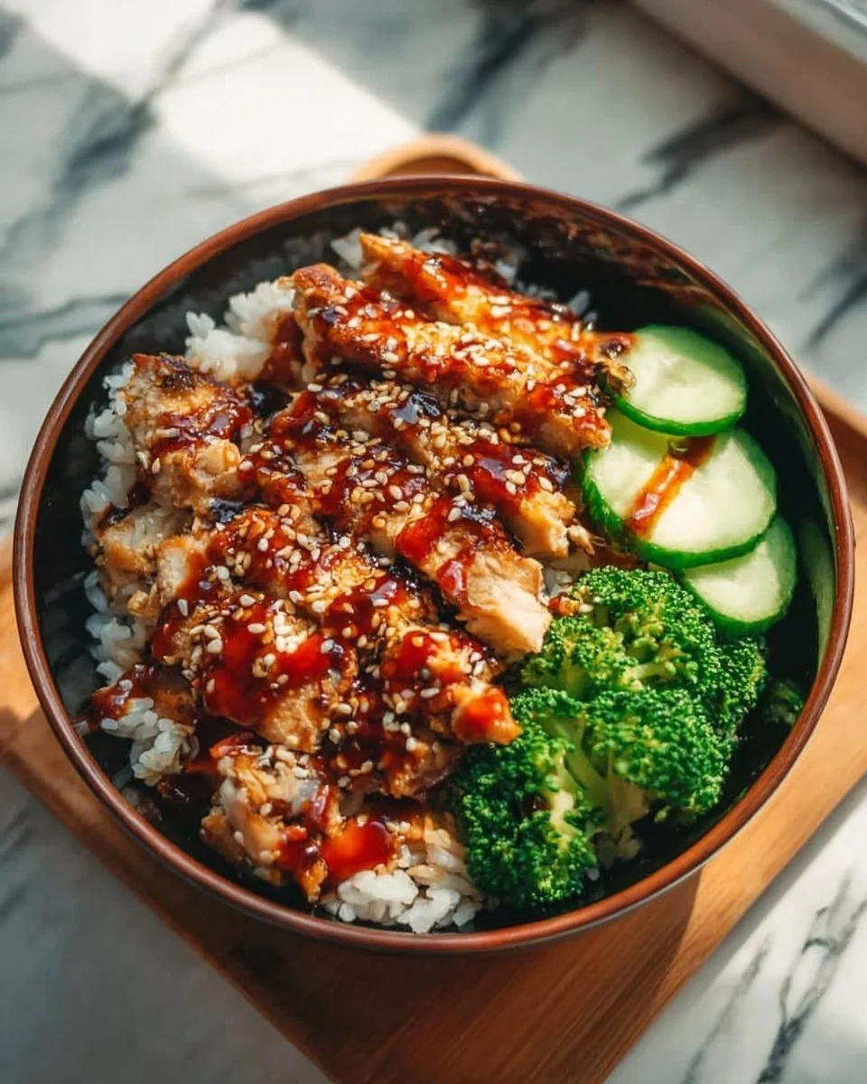 Sticky Chicken Rice Bowls topped with fresh herbs and served in a bowl.