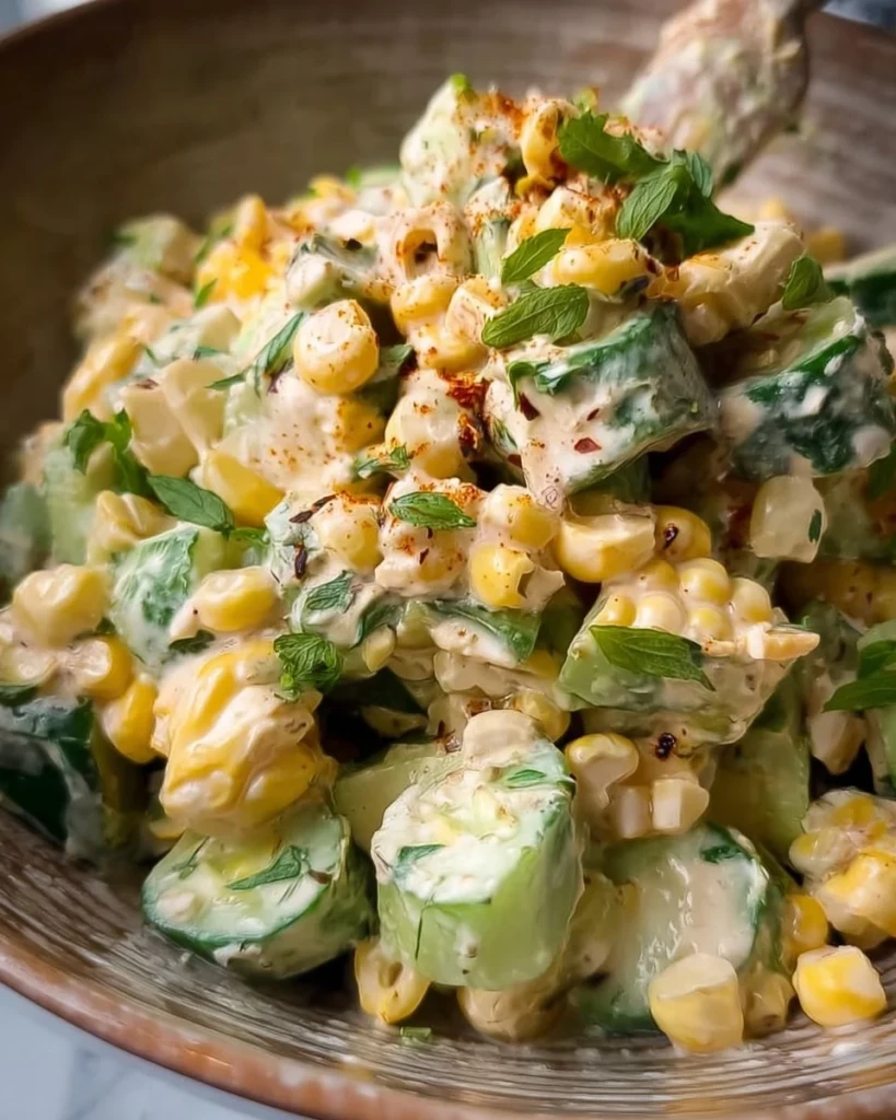 Delicious street corn creamy cucumber salad in a bowl, garnished with cilantro