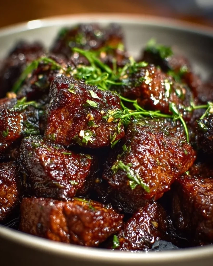 Delicious sweet and sticky steak bites plated for serving