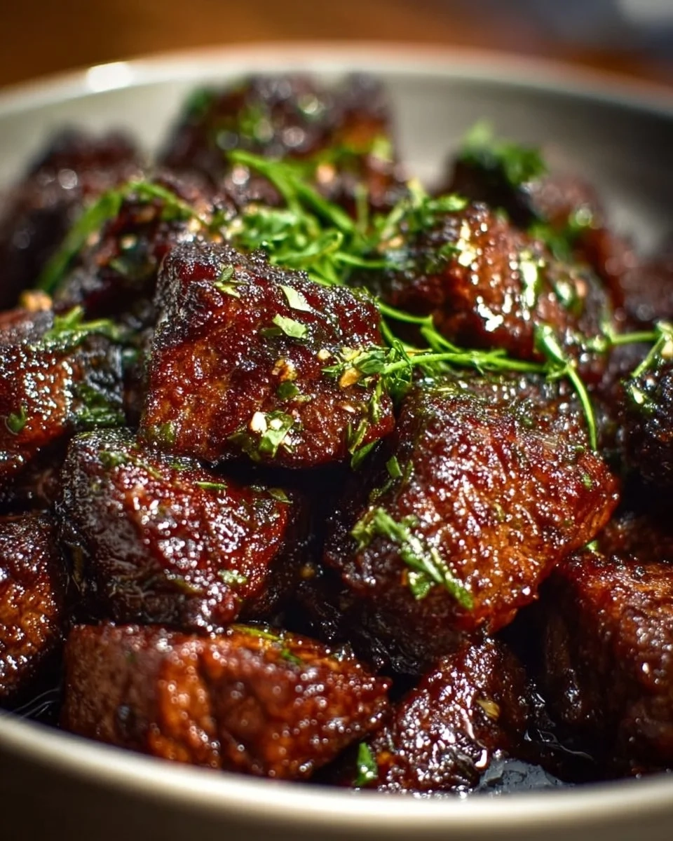 Delicious sweet and sticky steak bites plated for serving