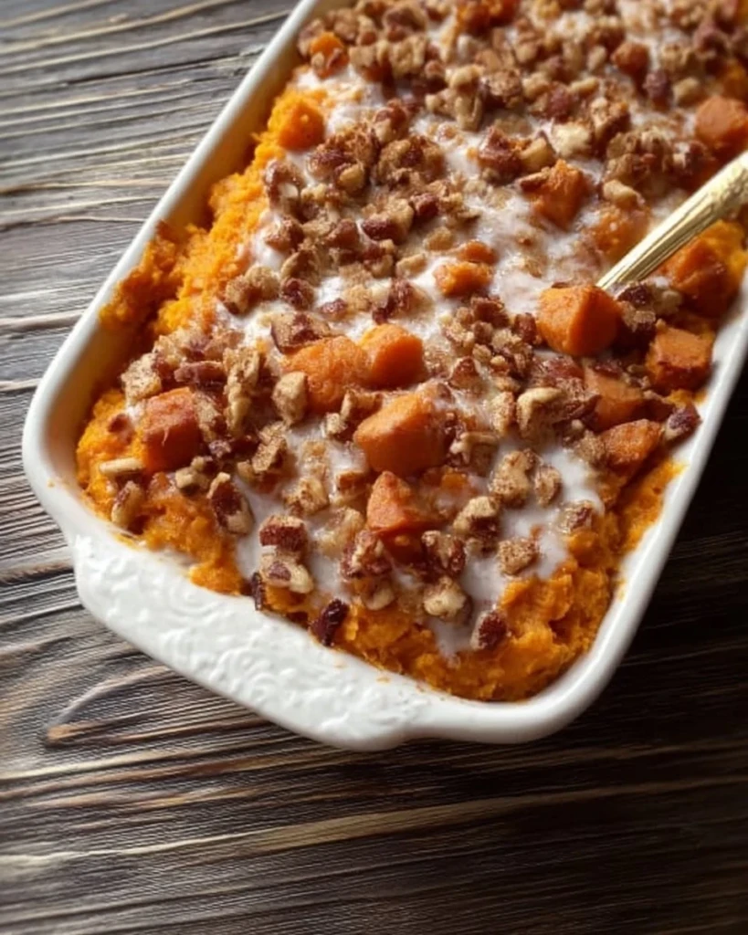 Vegan sweet potato casserole baked and served on a holiday table.