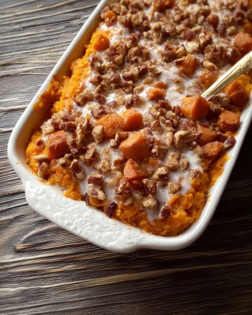 Vegan sweet potato casserole baked and served on a holiday table.
