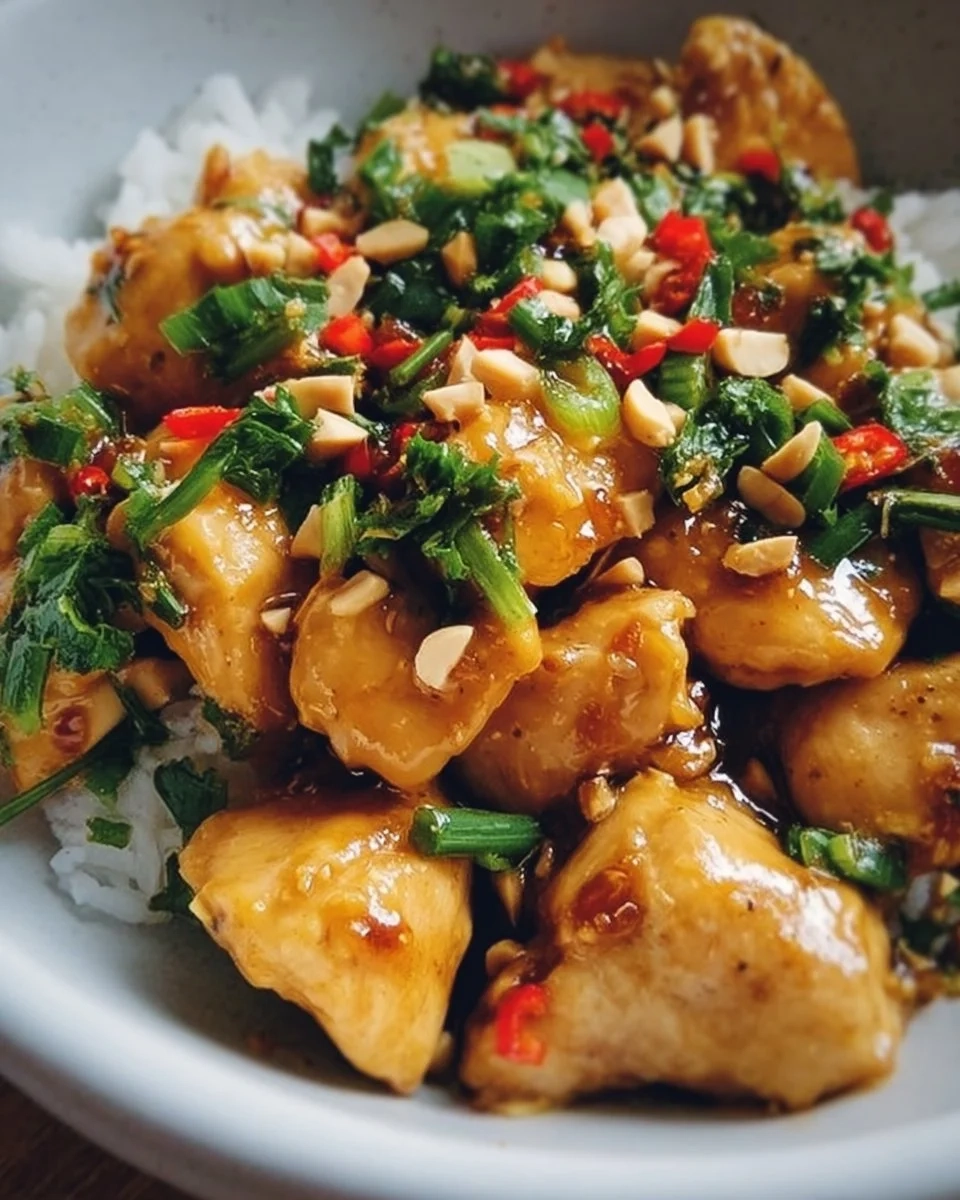 Deliciously cooked Thai Peanut Chicken served with fresh vegetables and rice