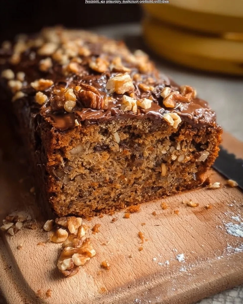 Healthy vegan gluten-free banana bread loaf sliced on a kitchen counter