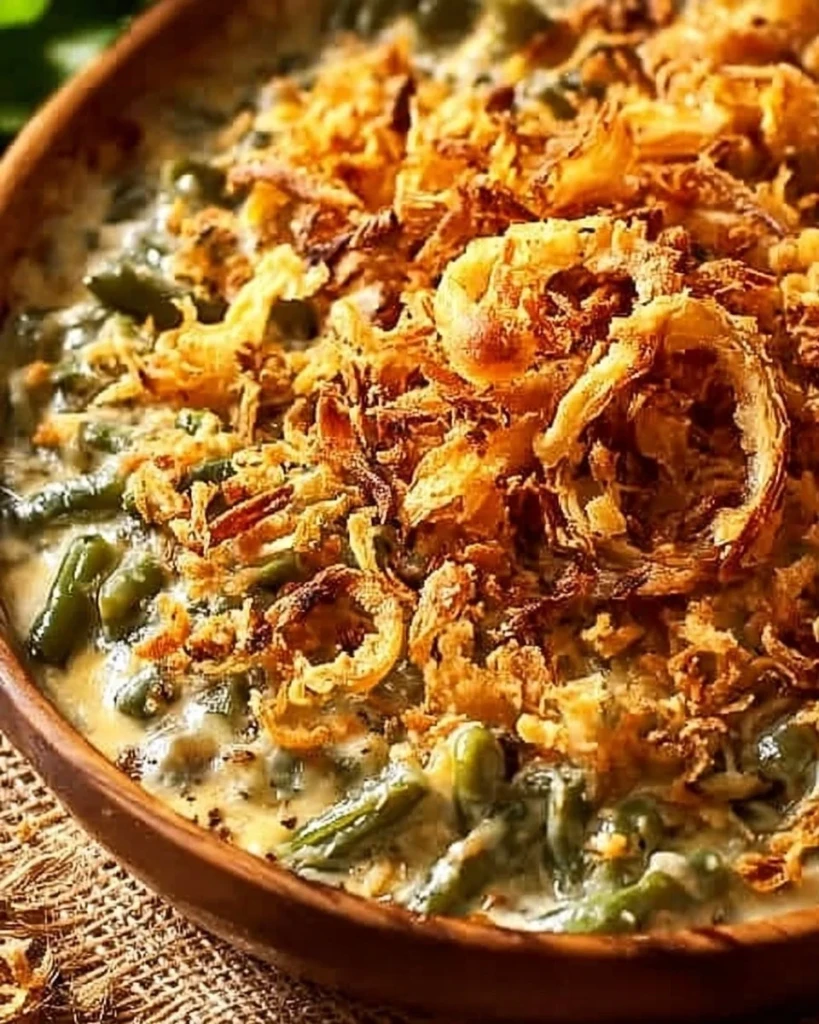 Homemade green bean casserole topped with crispy onions in a baking dish.