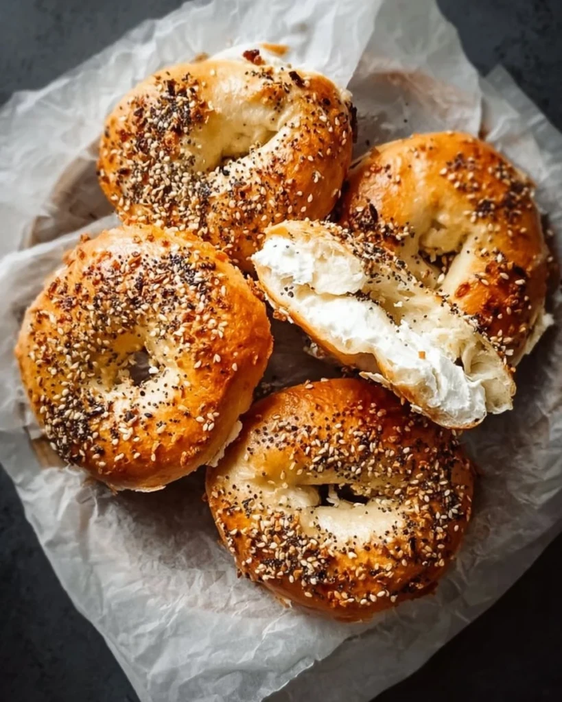 Delicious air fryer protein bagels topped with seeds and served with cream cheese