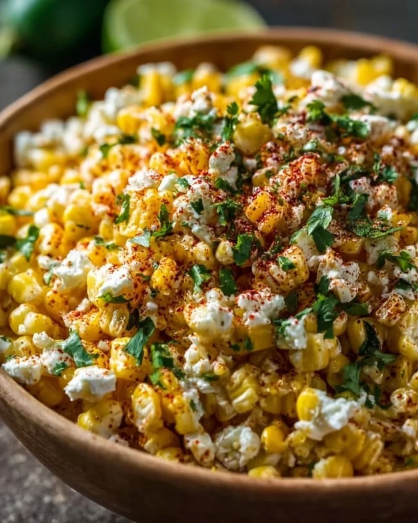 Delicious bowl of Mexican street corn salad garnished with cilantro and cheese