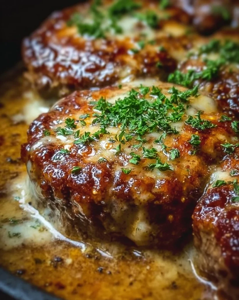 Amish Hamburger Steak Bake served with rich gravy and vegetables