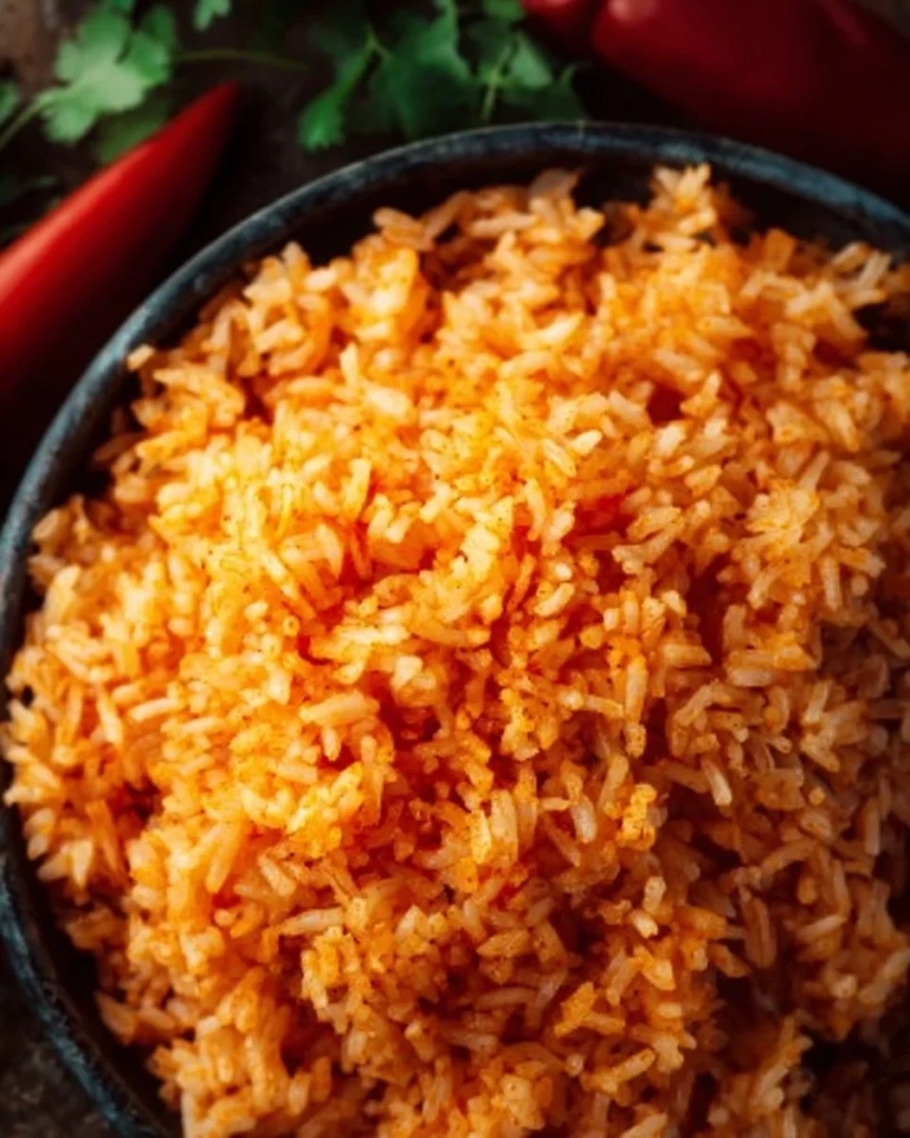 Bowl of authentic Mexican rice with fresh herbs and spices