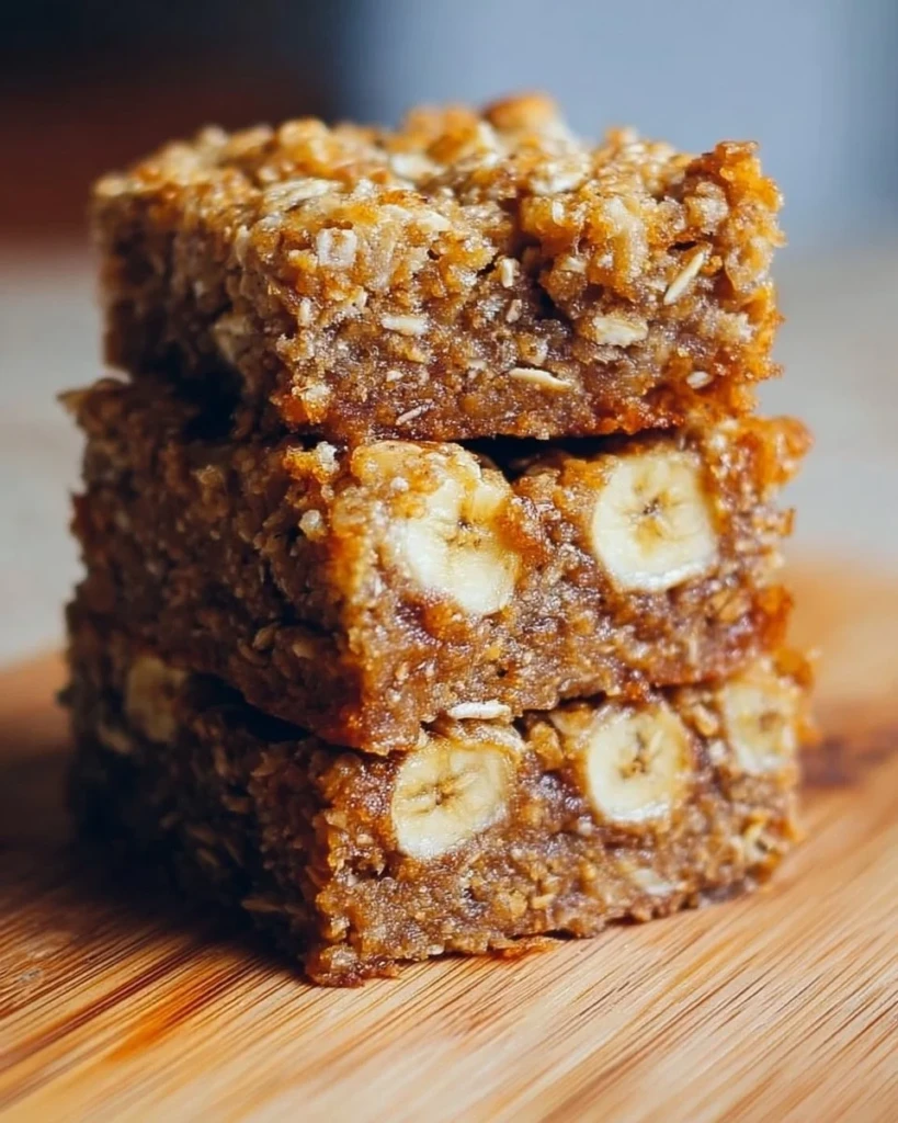 Homemade banana oatmeal bars topped with nuts and banana slices