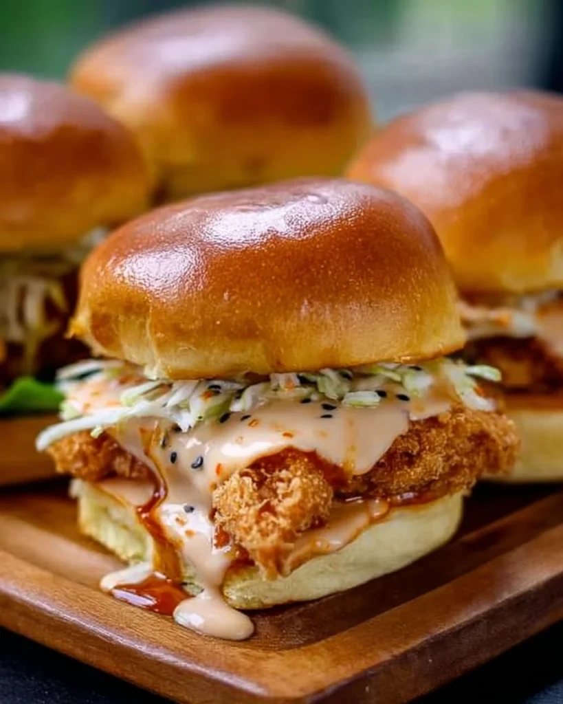 Plate of Bang Bang Chicken Sliders with vibrant toppings and dipping sauce