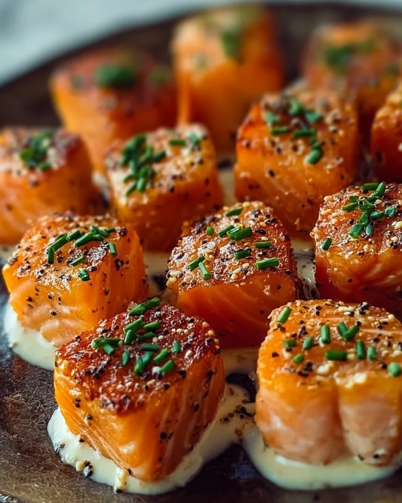 Crispy Bang Bang Salmon Bites served on a plate with dipping sauce