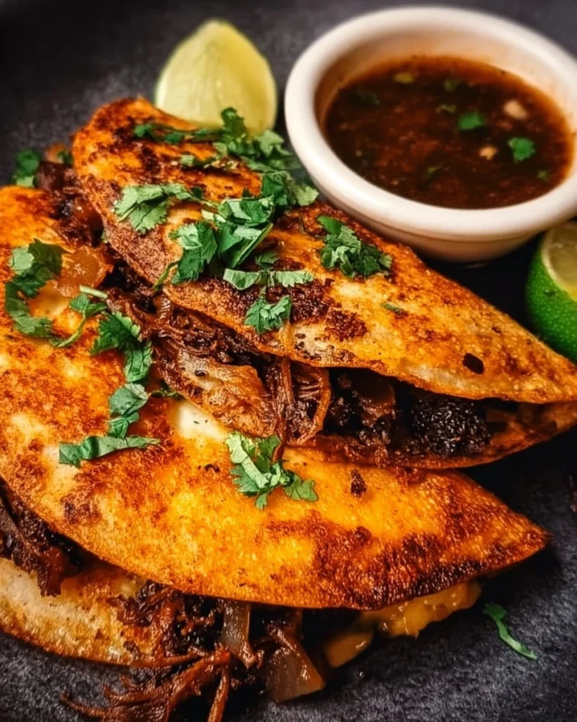 Delicious Beef Birria Tacos with cheese in a warm tortilla