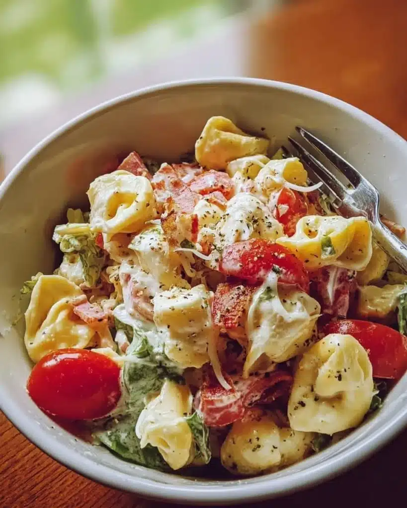Delicious bowl of Grinder Tortellini Salad with fresh vegetables and dressing