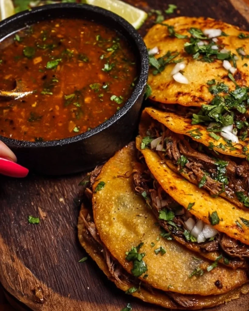 Delicious Birria Tacos served with consomé for dipping.