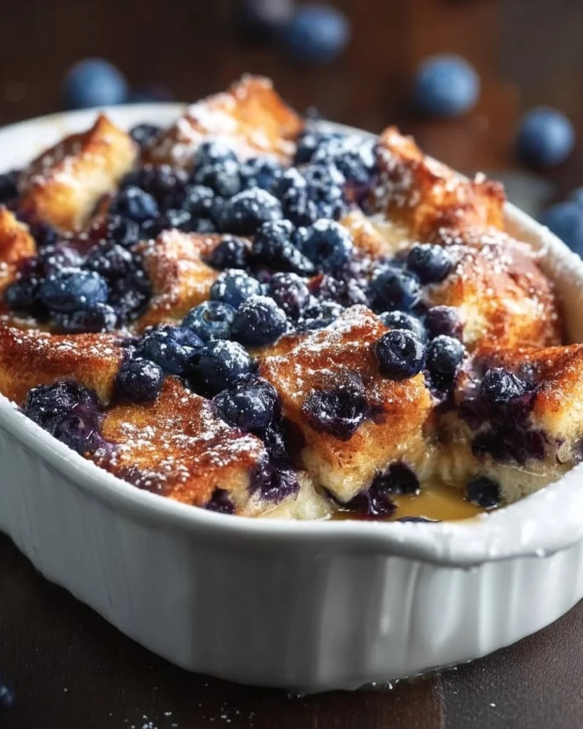 Delicious Blueberry French Toast Casserole topped with fresh berries and syrup.