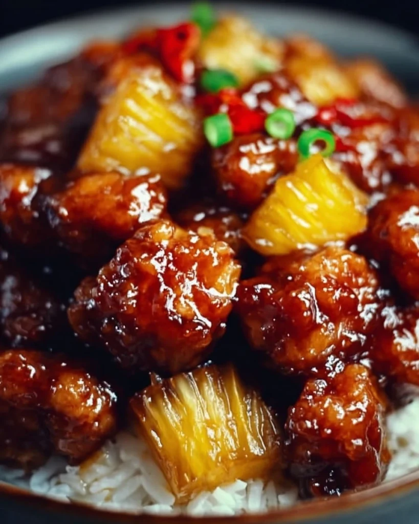 Plate of delicious Brown Sugar Pineapple Chicken garnished with pineapple slices