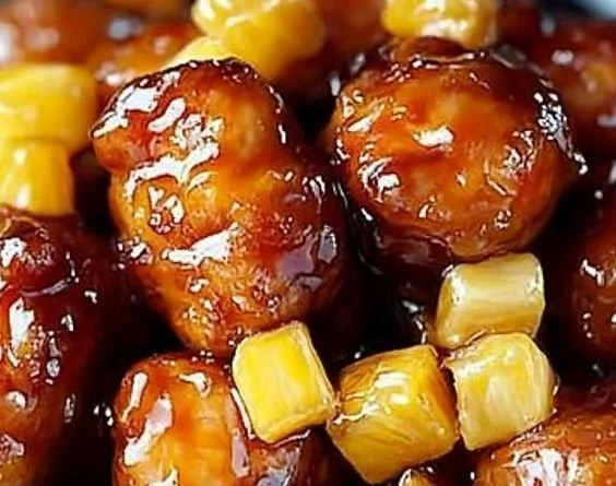 A delicious plate of brown sugar pineapple chicken served with colorful vegetables.