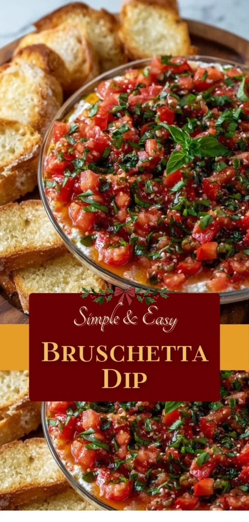 Bowl of Bruschetta Dip topped with fresh herbs, served with toasted bread.