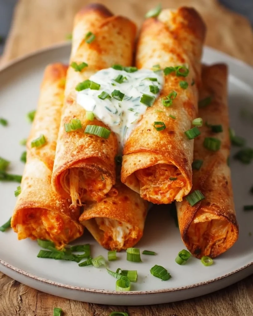 Plate of crispy Buffalo Chicken Taquitos garnished with dipping sauce