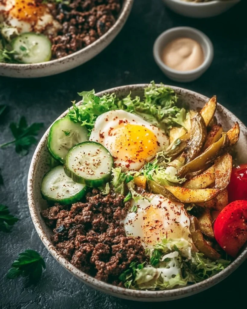 Delicious homemade burger bowls filled with fresh ingredients and toppings.