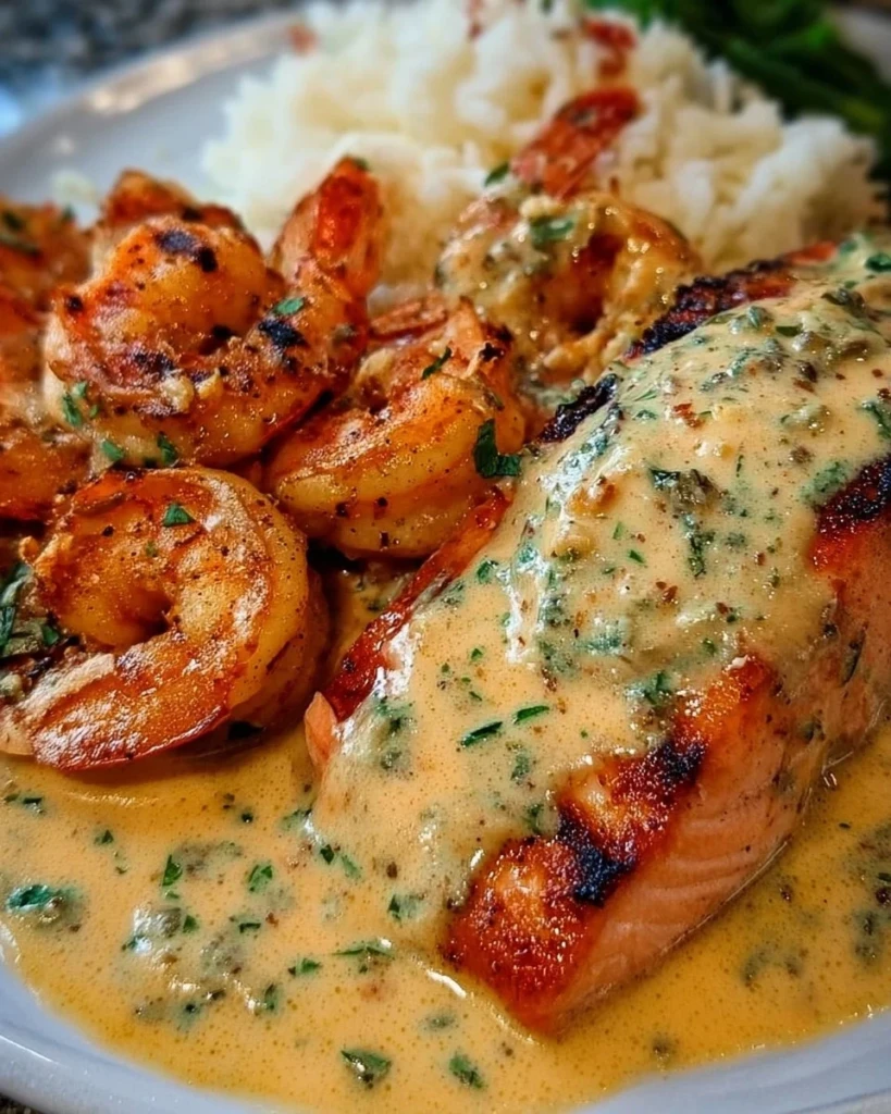 Cajun shrimp and salmon in garlic cream sauce served on a plate