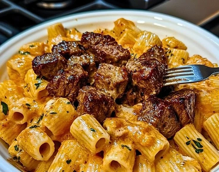 Delicious Cajun Steak Tips served with cheesy rigatoni pasta in a bowl.