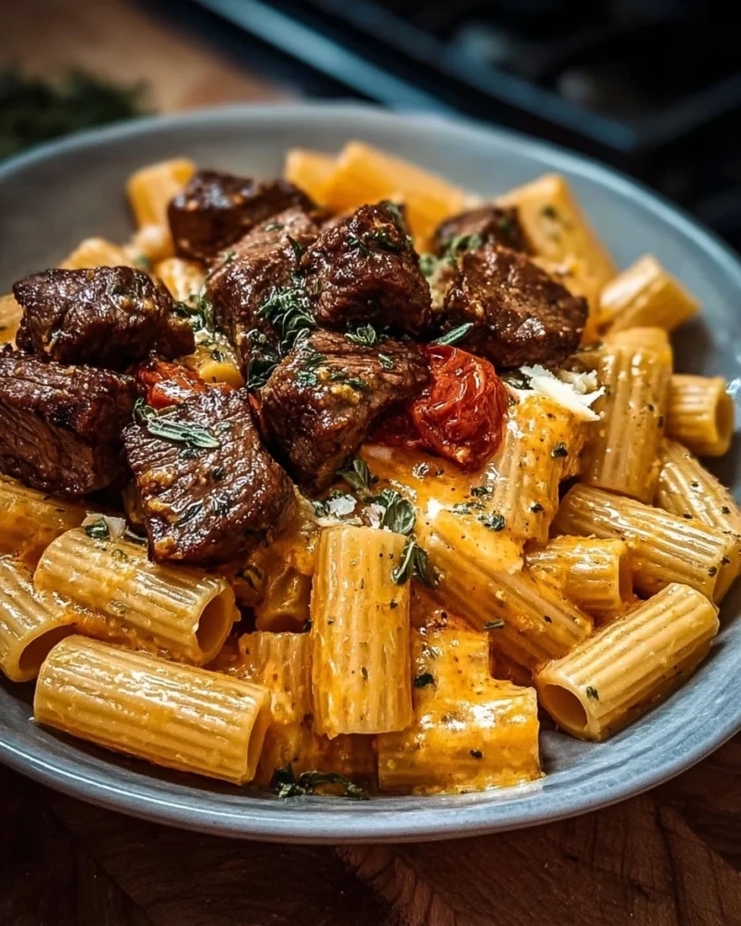 Cajun steak tips served with cheesy rigatoni on a plate