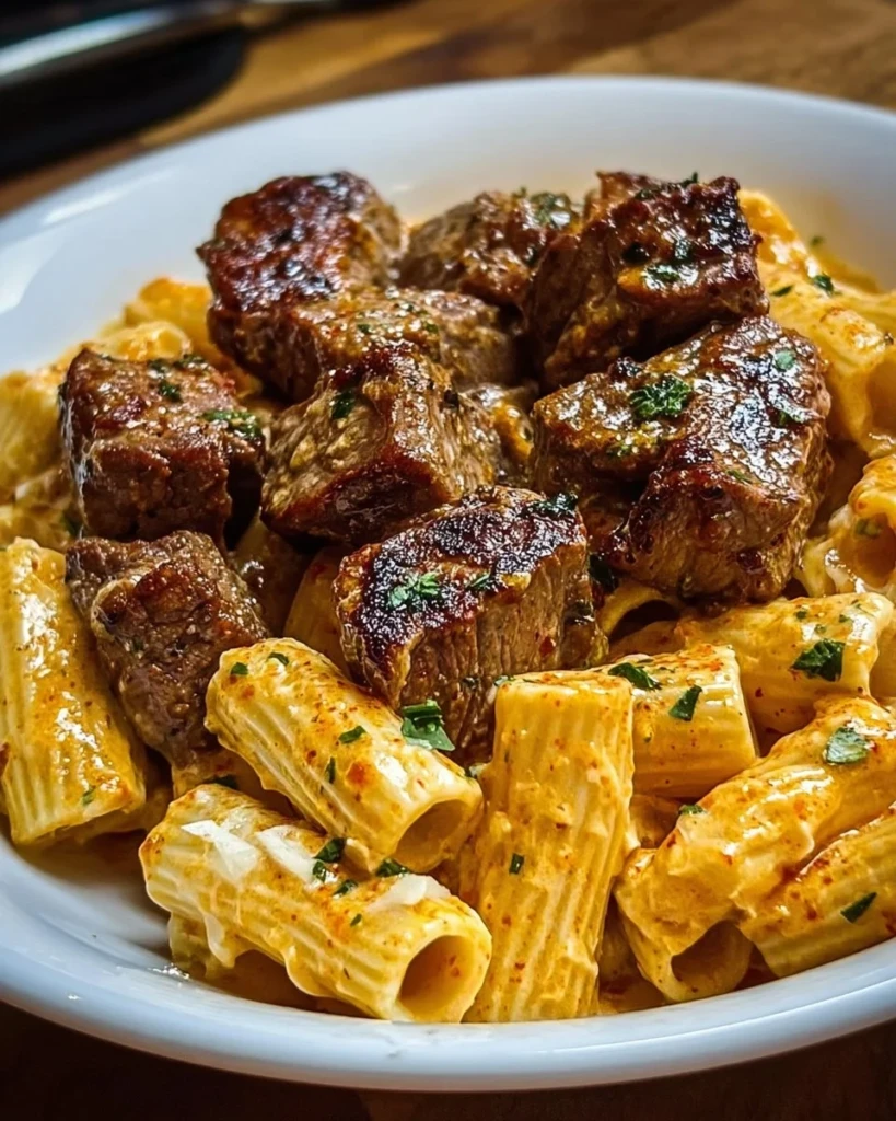 Cajun steak tips served with creamy cheesy rigatoni pasta on a plate