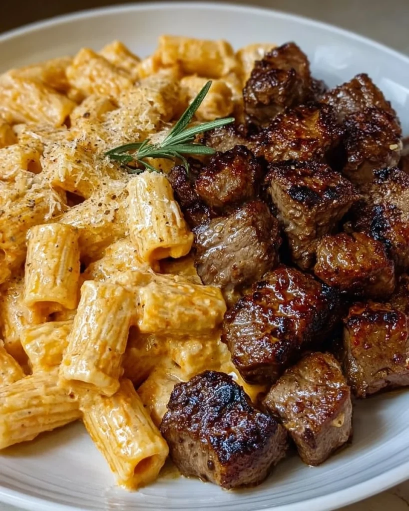 Cajun steak tips served with creamy Parmesan rigatoni on a plate