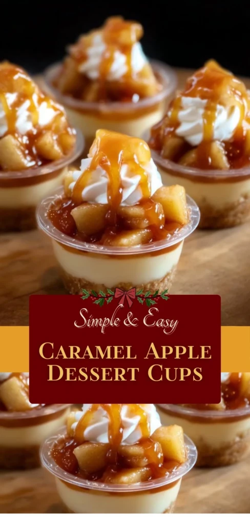 Delicious caramel apple dessert cups topped with whipped cream and caramel drizzle