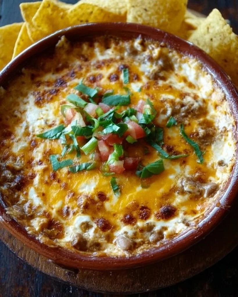 Delicious cheesy bean dip served with tortilla chips