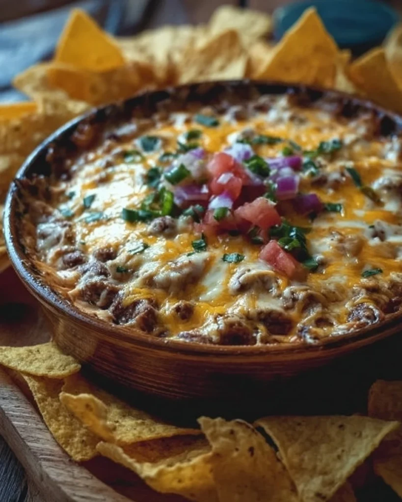 Delicious cheesy bean dip served in a bowl with tortilla chips