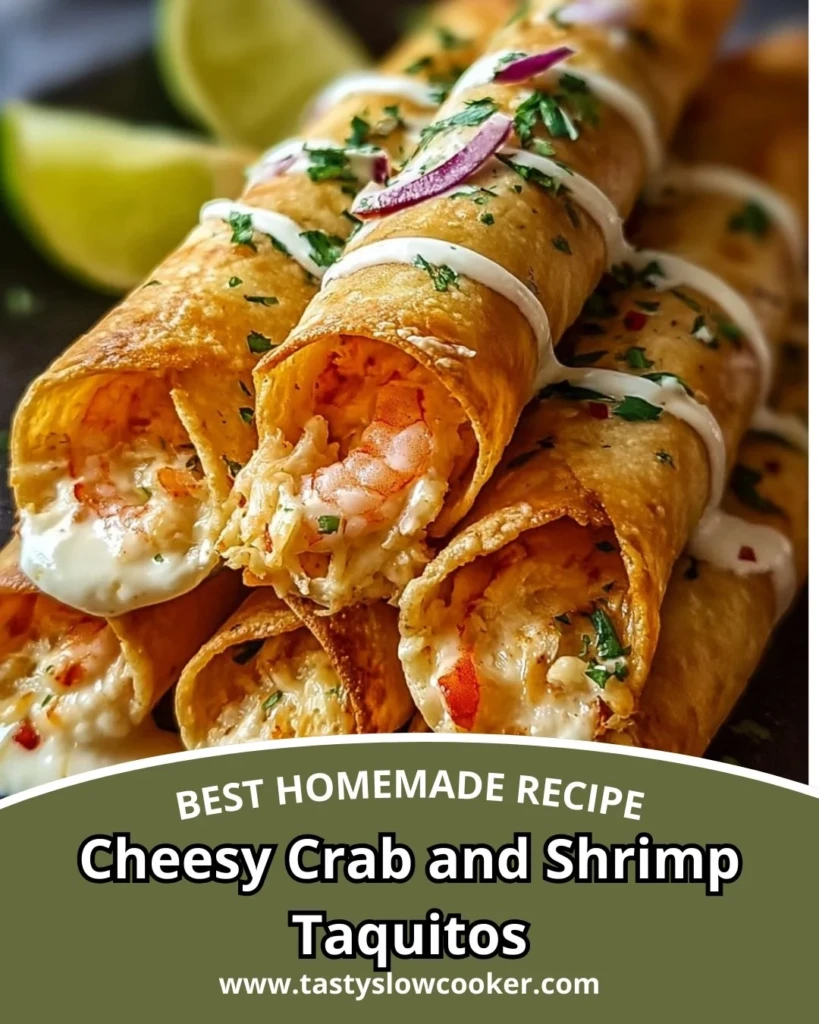 Cheesy crab and shrimp taquitos served on a plate garnished with salsa