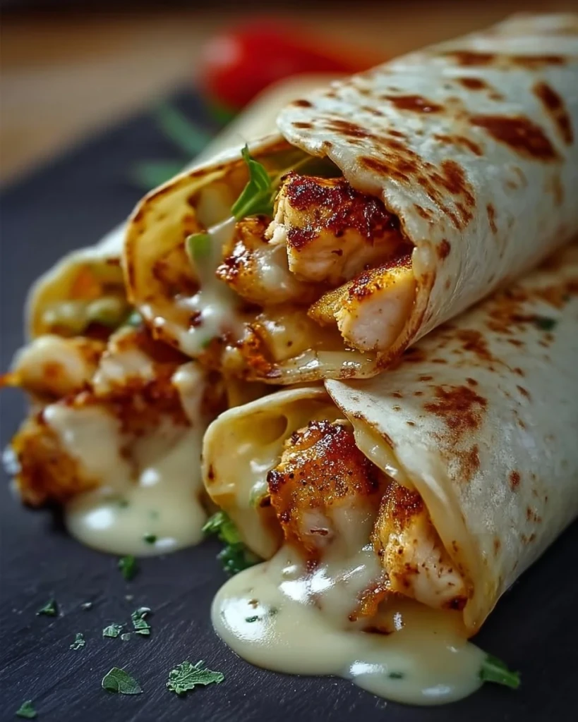 Cheesy garlic chicken wraps served with fresh vegetables